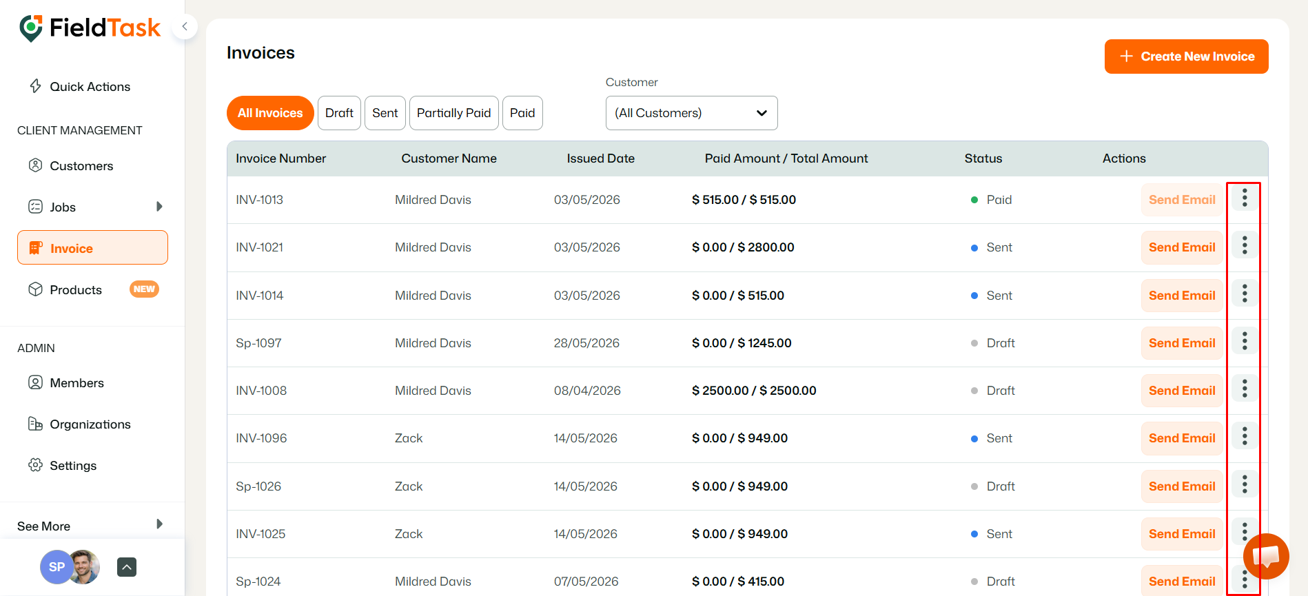 FieldTask invoices list with invoice action menus highlighted