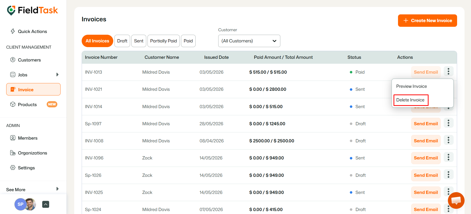 FieldTask invoice action menu with Delete Invoice option highlighted