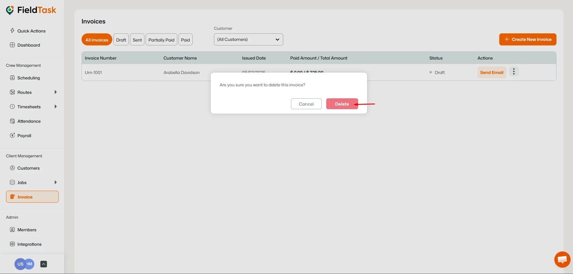 FieldTask invoice delete option