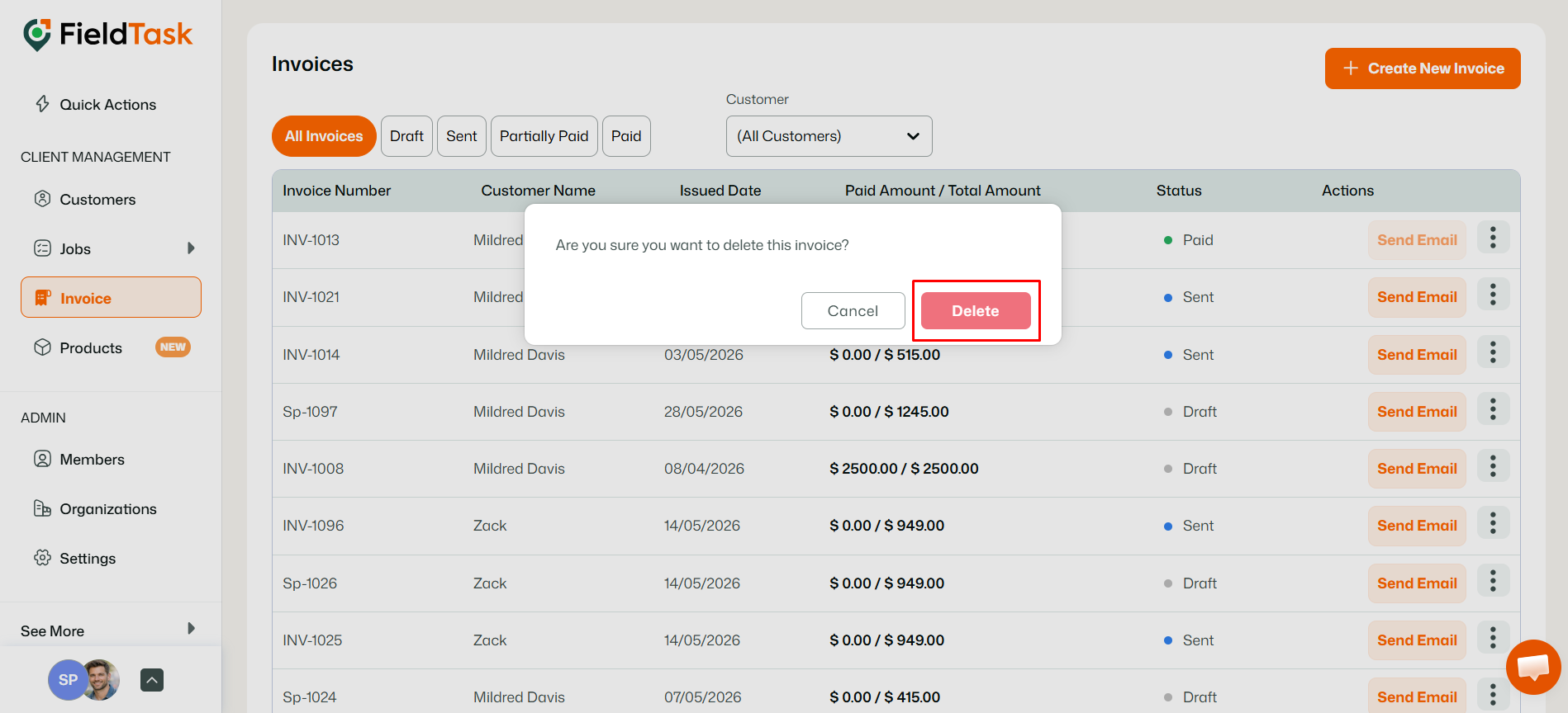 FieldTask invoice delete confirmation modal with Delete button highlighted
