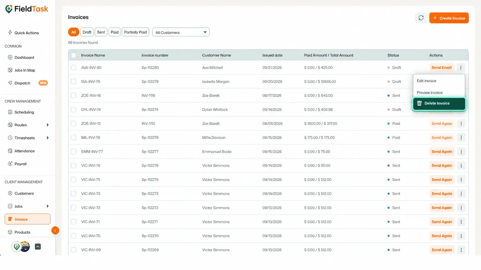 Invoice actions menu with Delete Invoice option highlighted