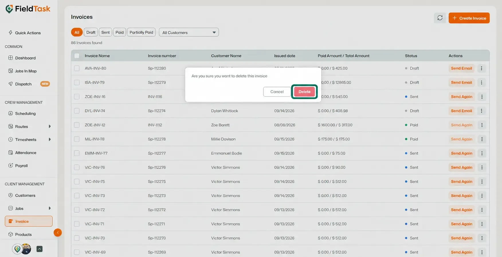 Invoice delete confirmation with Delete button highlighted
