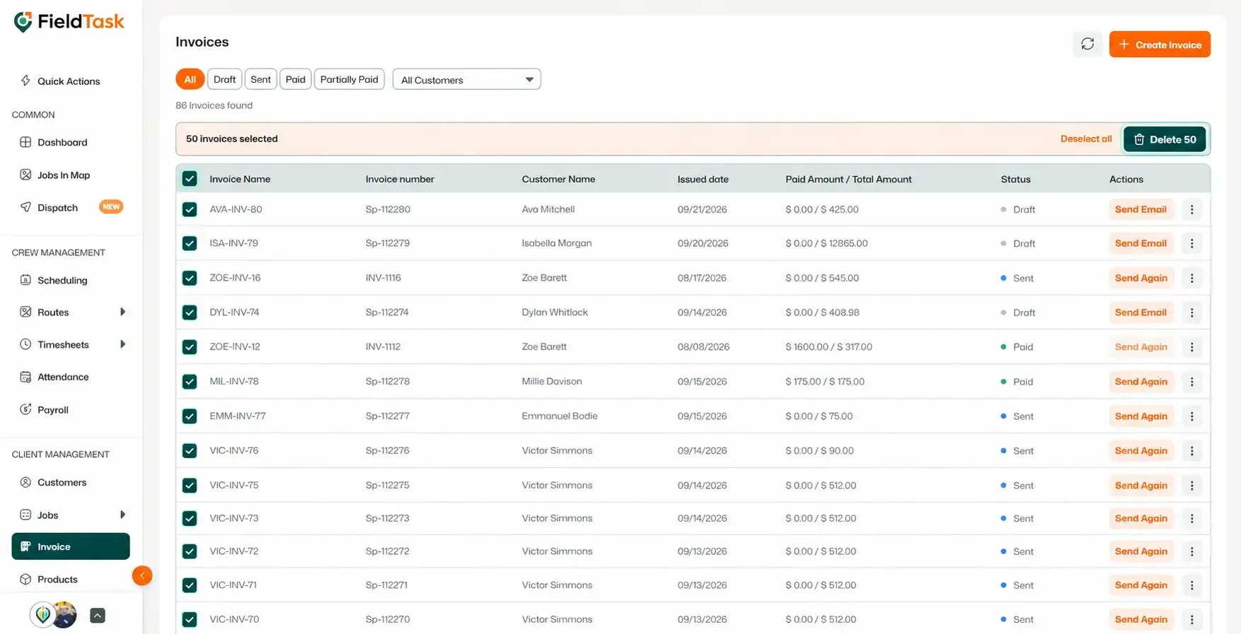 Invoice list with selected rows and bulk Delete 50 button
