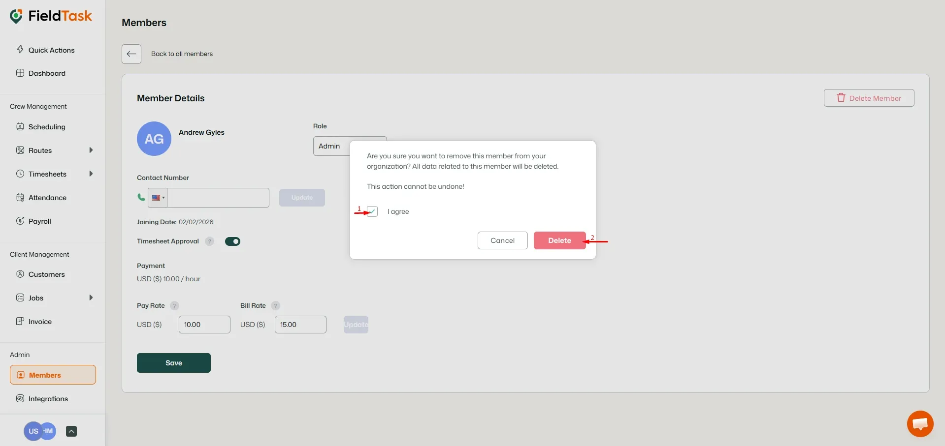 FieldTask Members Delete Option