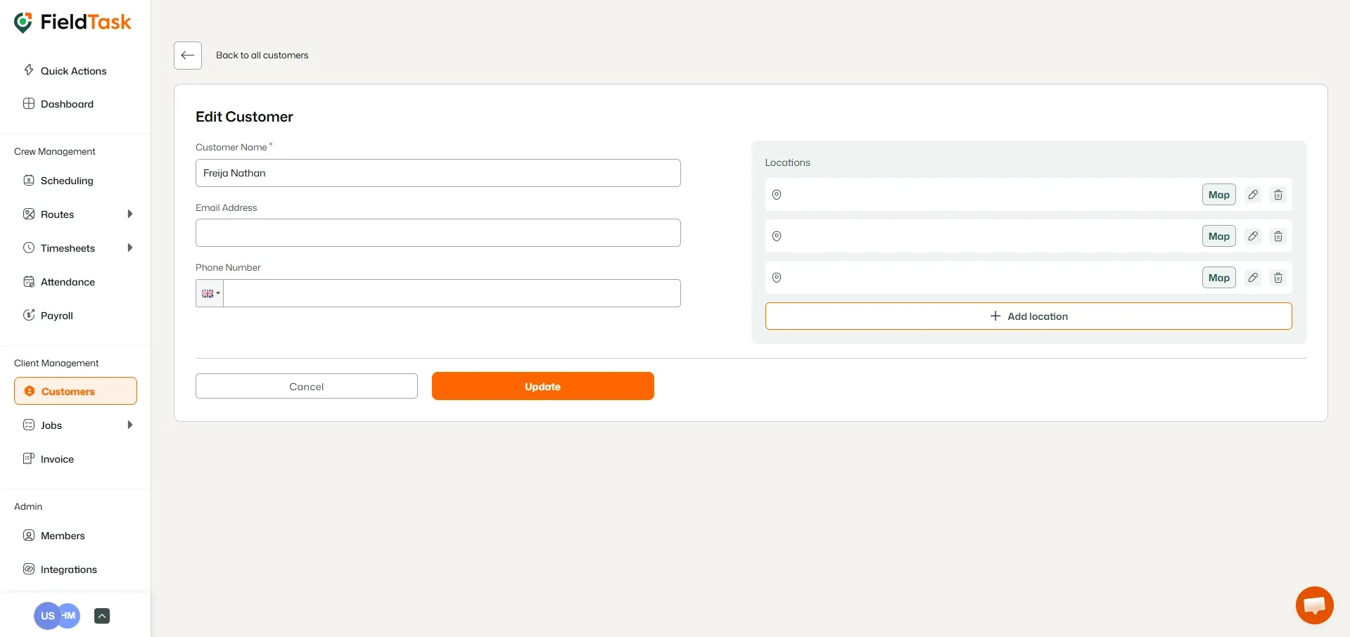 FieldTask Customer Detail Edit Page