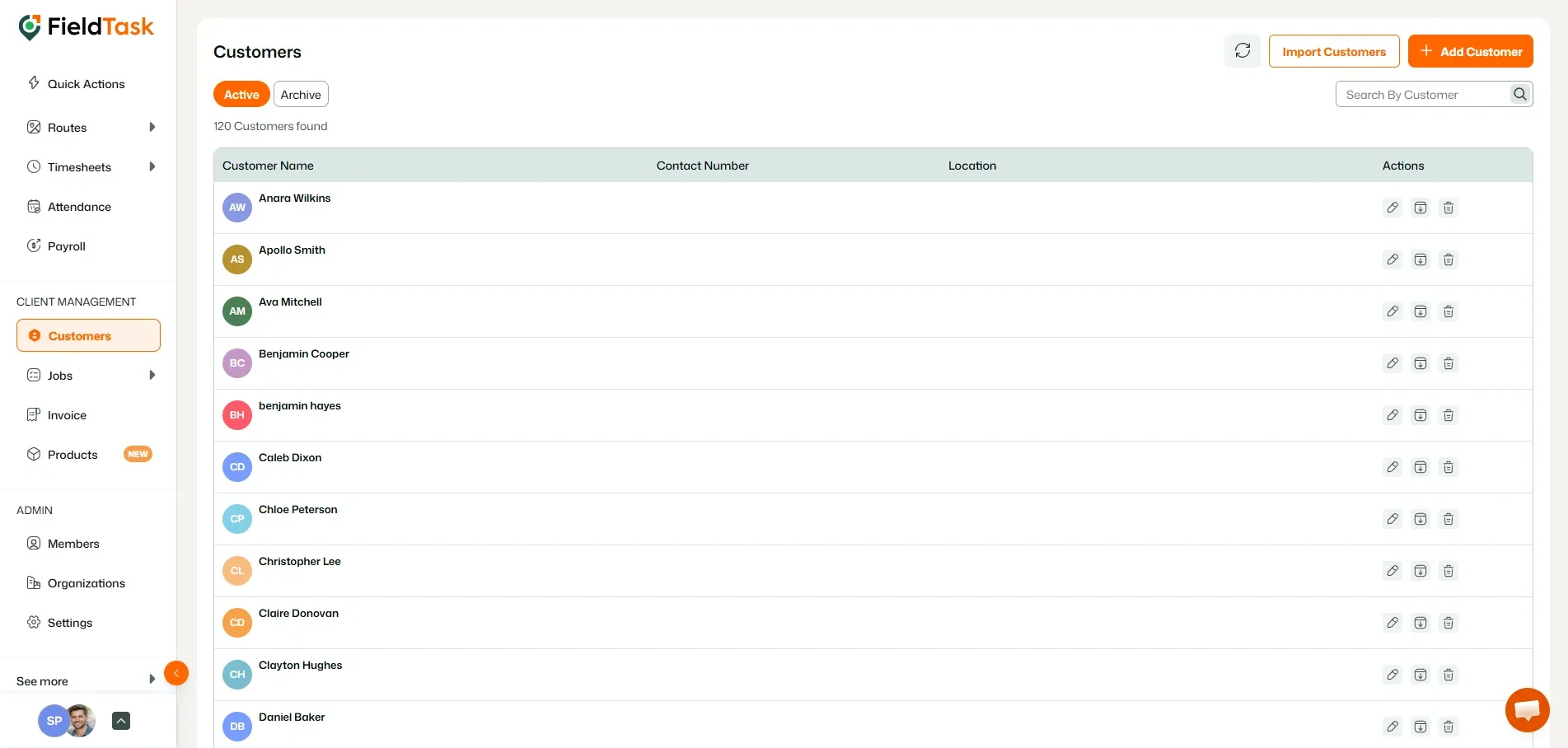 FieldTask customers list with edit actions available