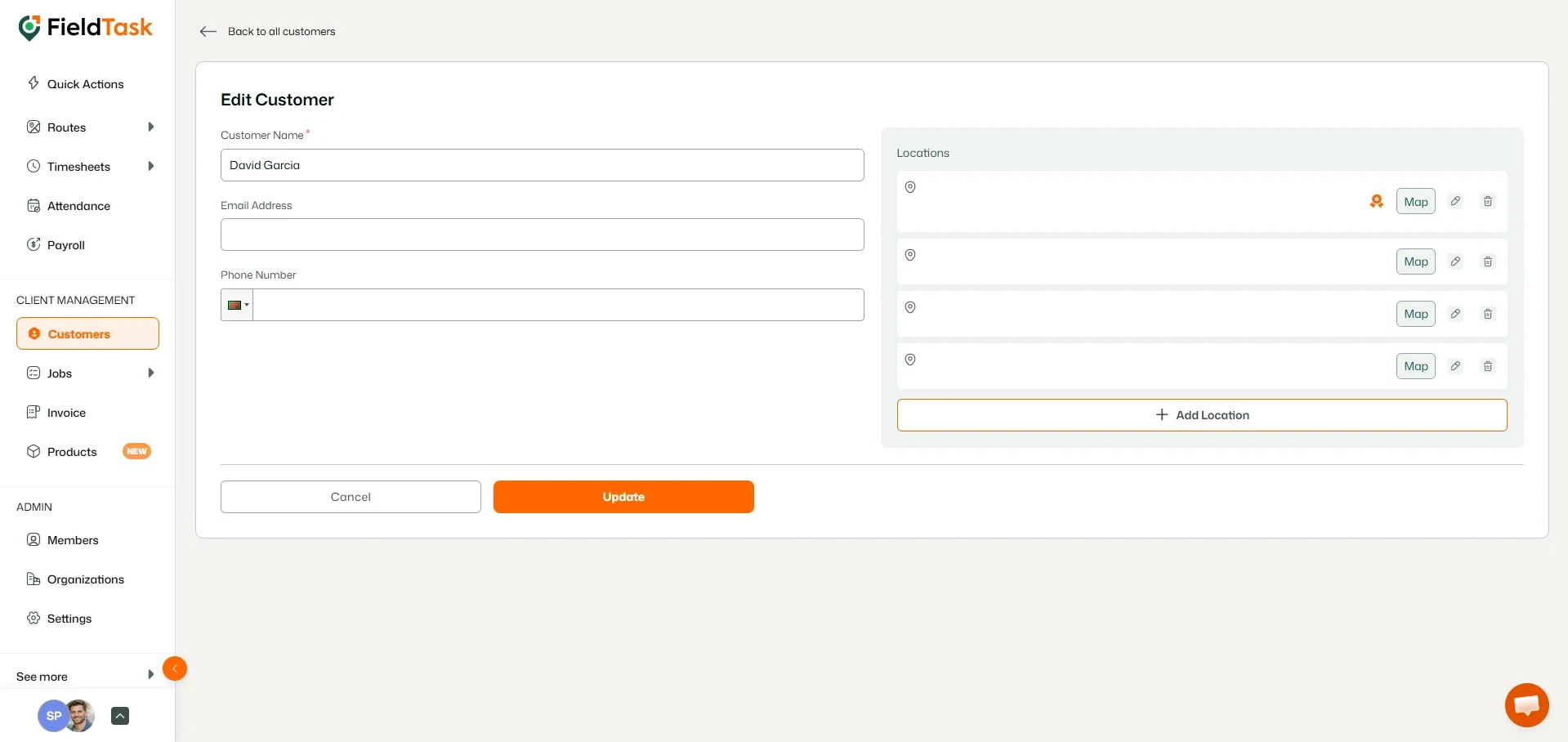 FieldTask edit customer page with customer details and locations section