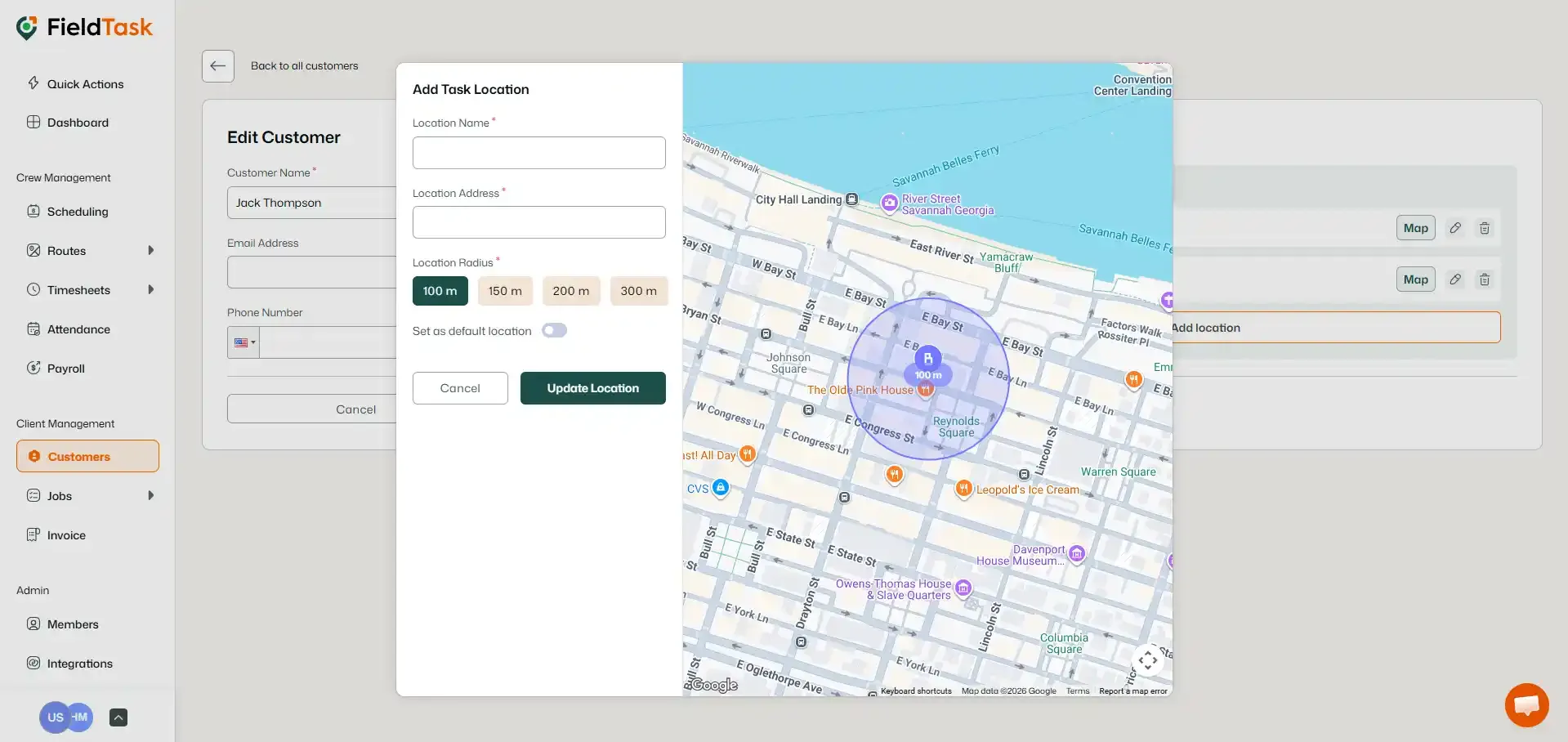 FieldTask add task location modal with map radius