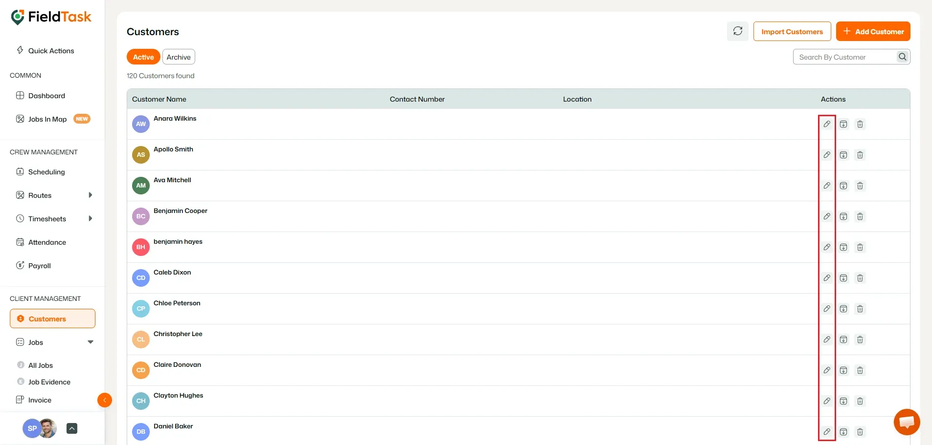 FieldTask customers list with edit actions highlighted
