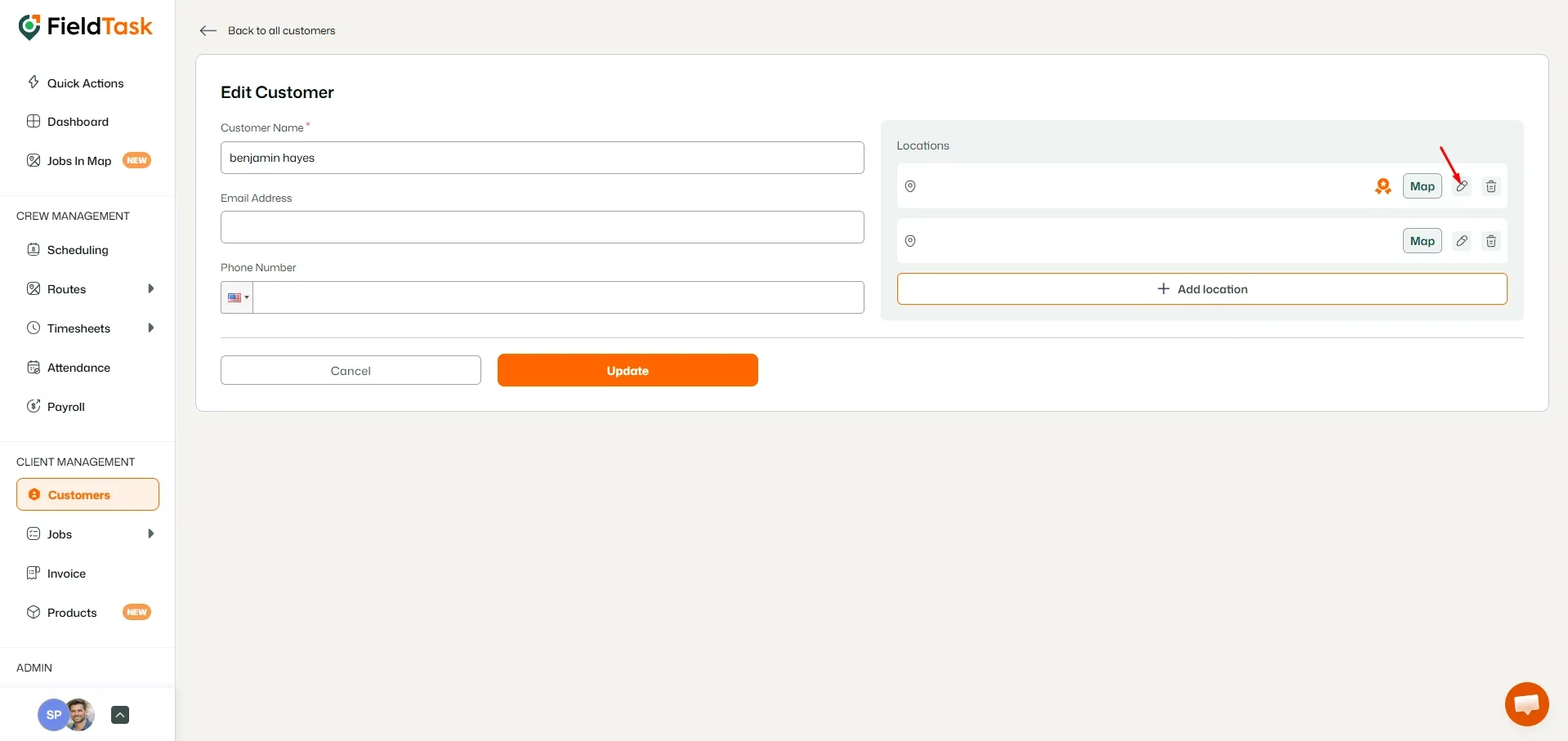 FieldTask edit customer page with location controls highlighted