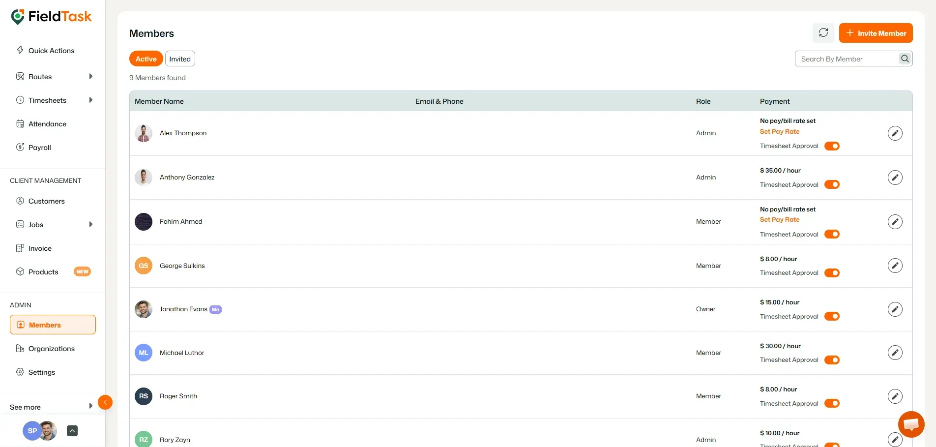 FieldTask members list with editable member rows