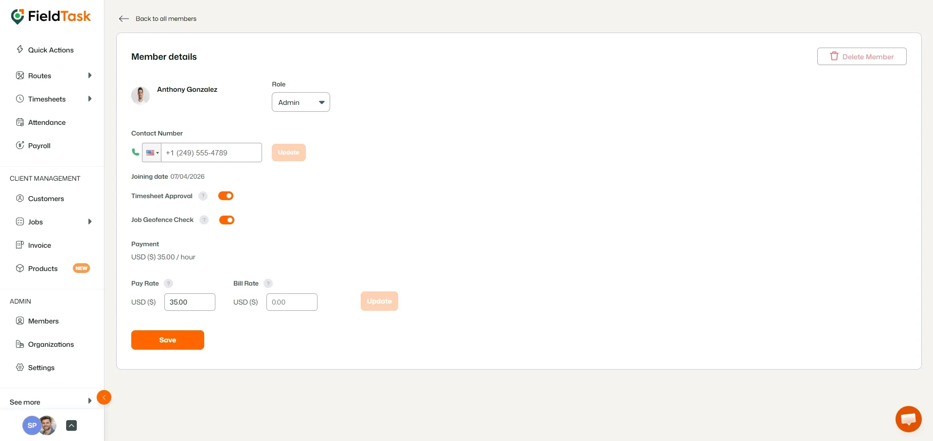 FieldTask member details page with editable role, contact, approval, geofence, and pay rate settings