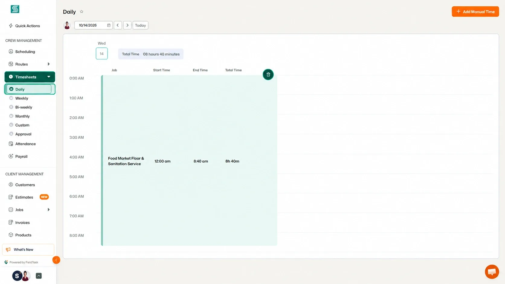 Daily timesheet showing a job entry with 8 hours 40 minutes logged.