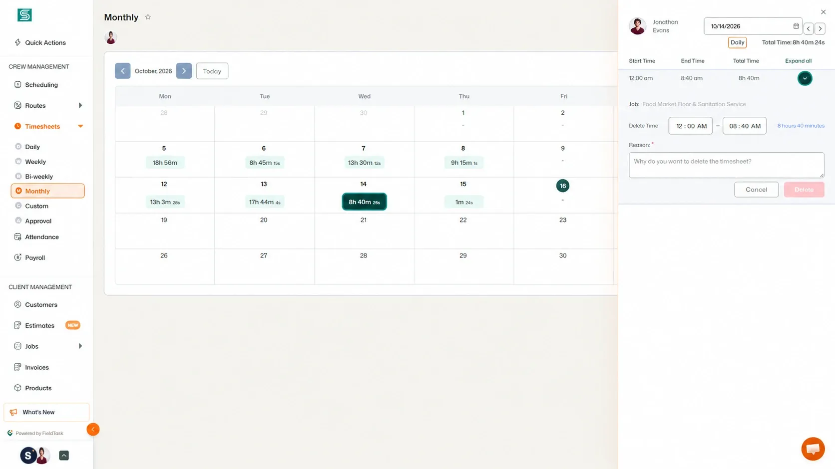 Monthly timesheet with a selected entry and expanded deletion sidebar.