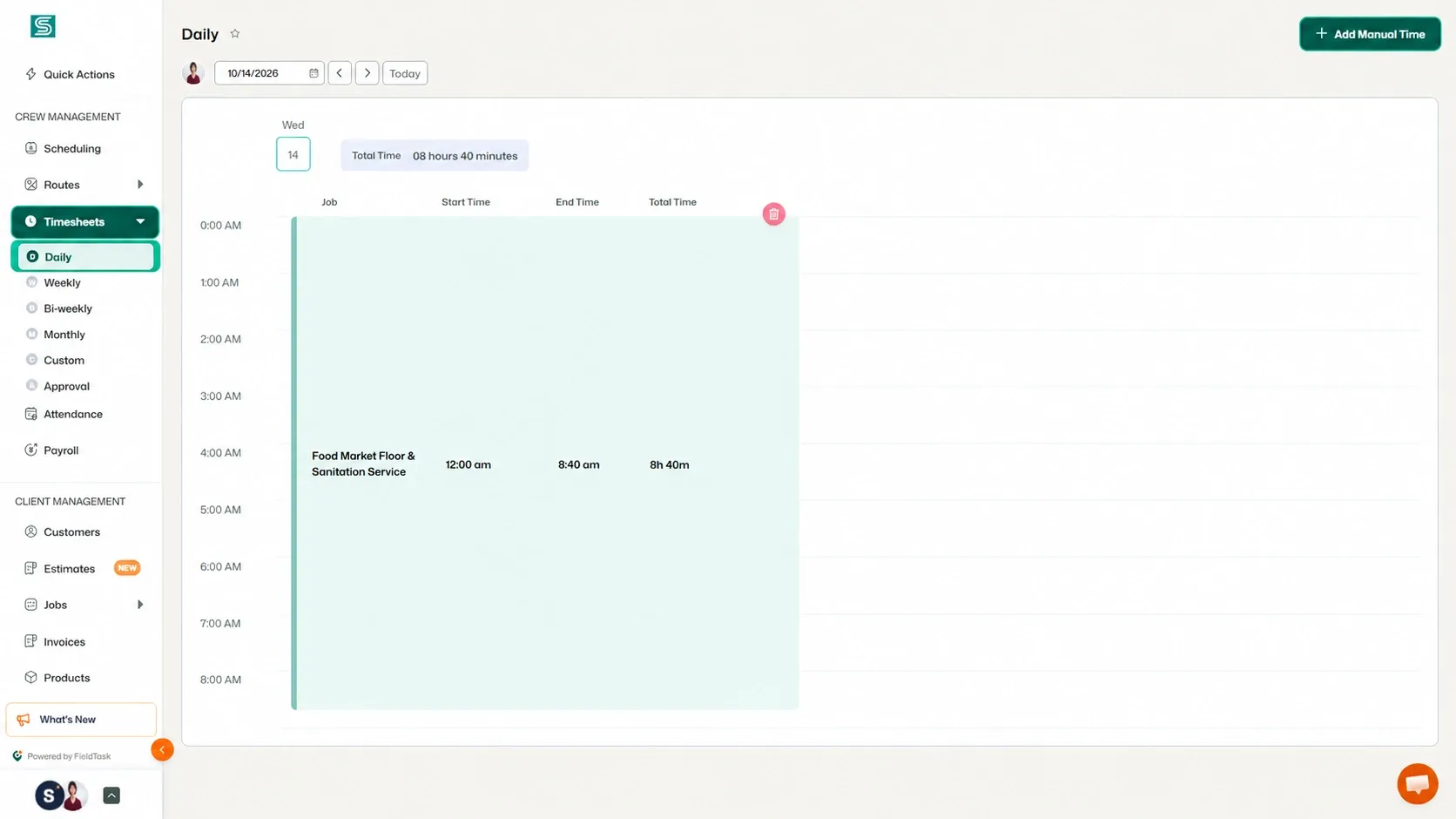 Daily timesheet page with Timesheets, Daily, and Add Manual Time shown.