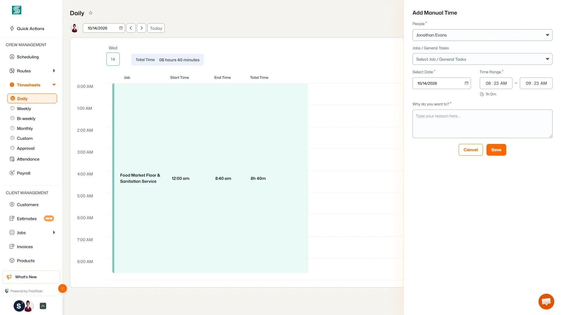 Add Manual Time panel for selecting worker, job, date, time, and reason.