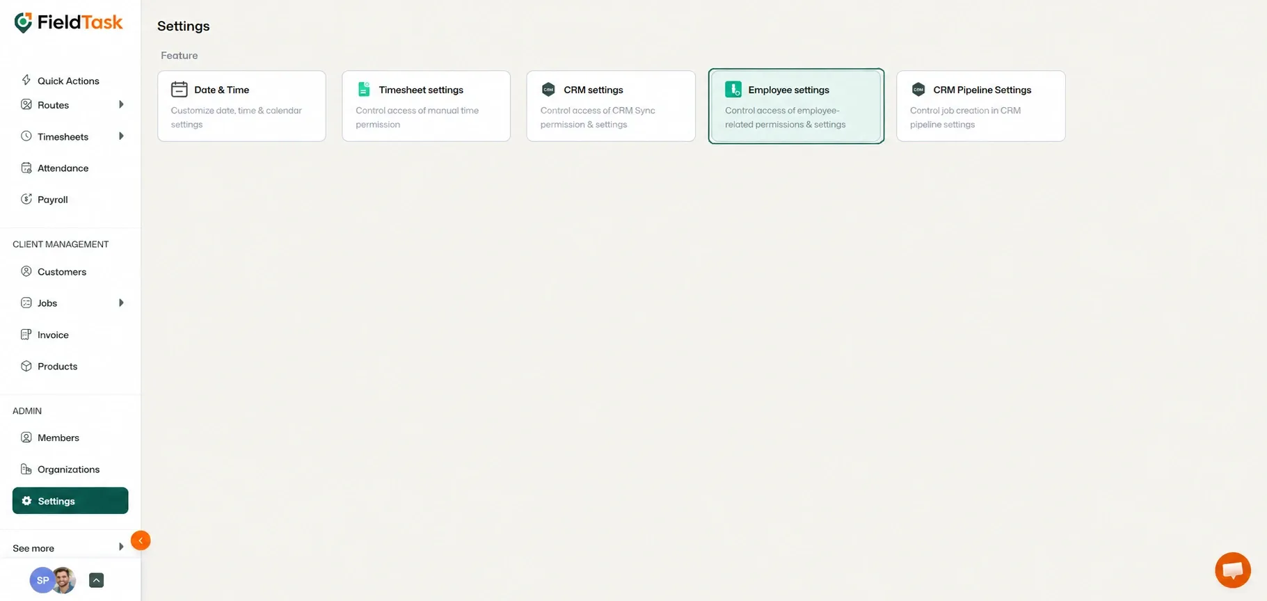 Employee settings card highlighted on Settings feature page
