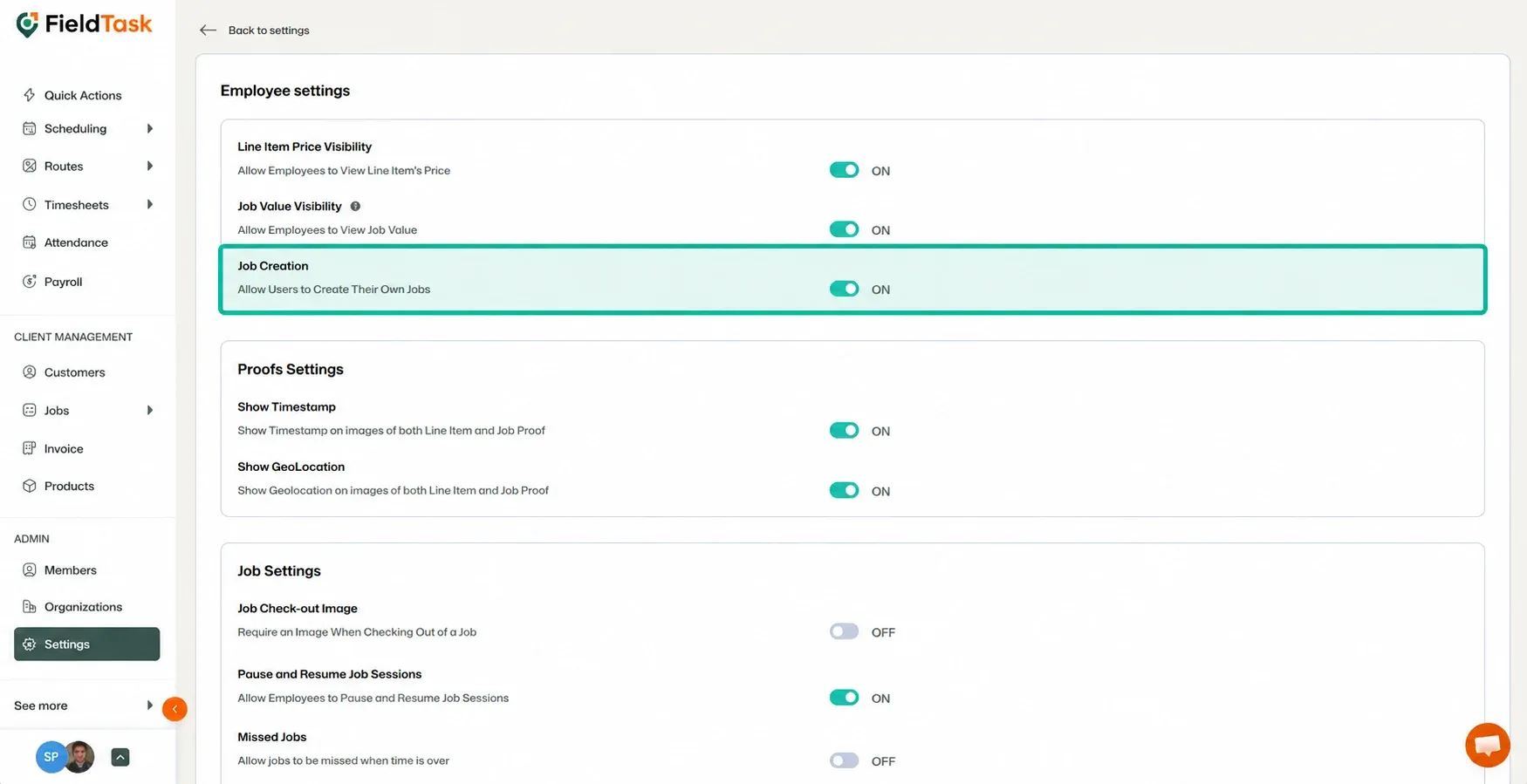 Job Creation setting highlighted in Employee settings page
