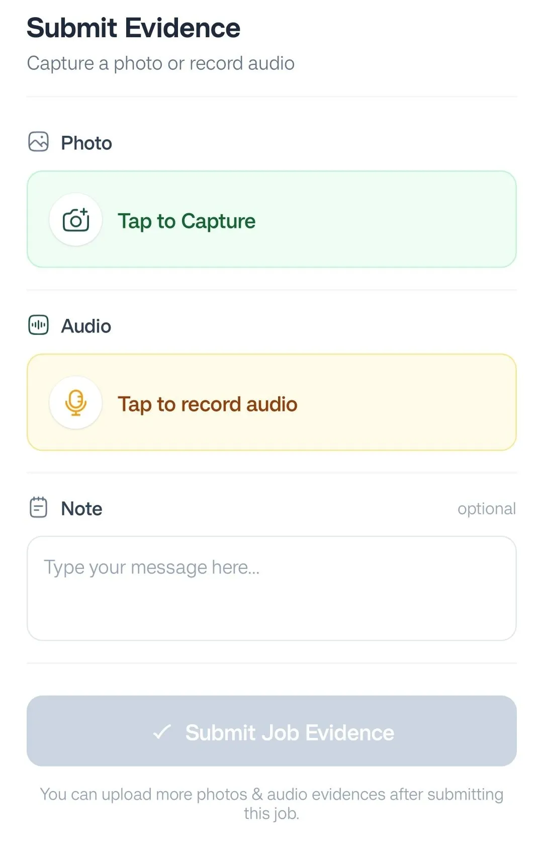 FieldTask Submit Evidence with photo and audio options
