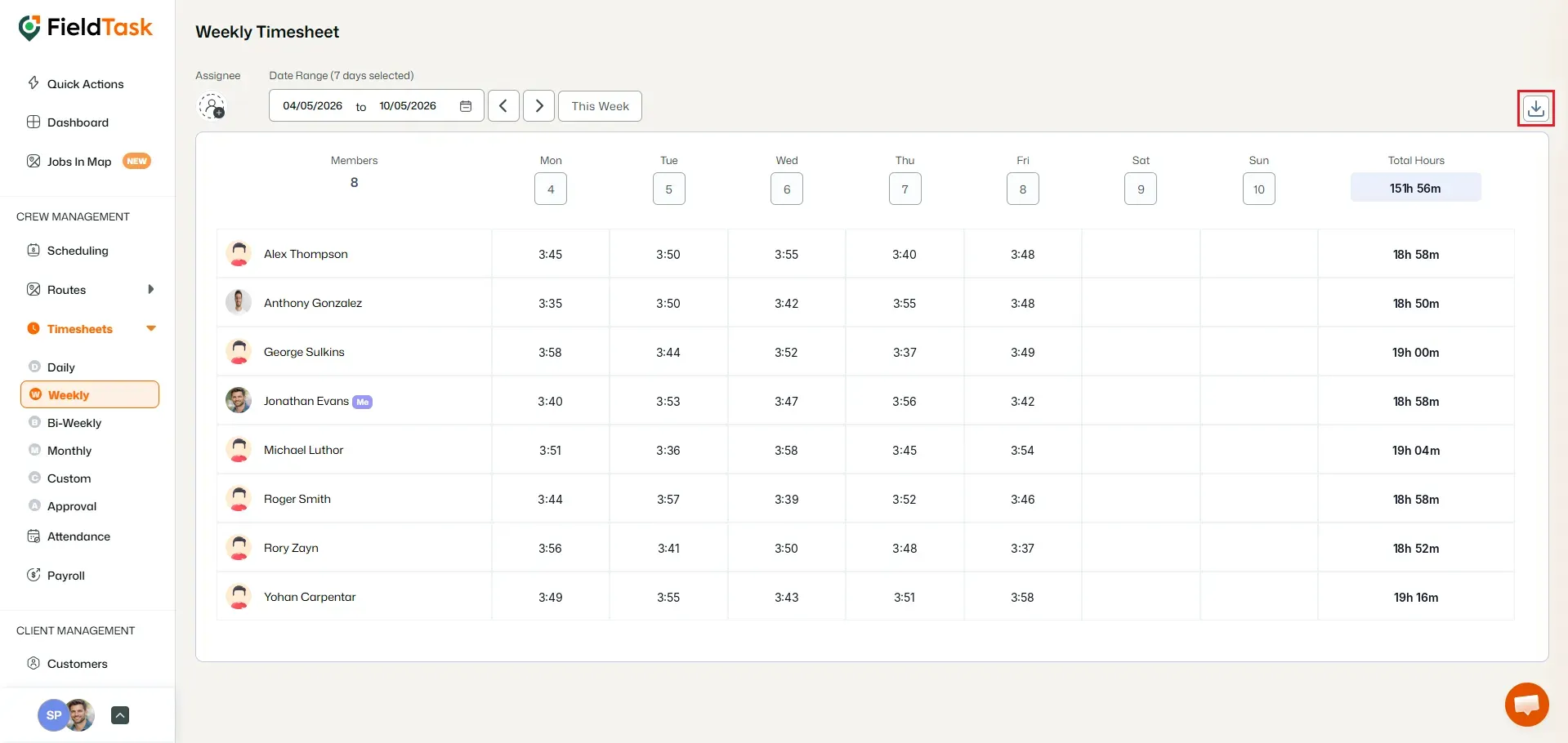 FieldTask weekly timesheet with export icon highlighted