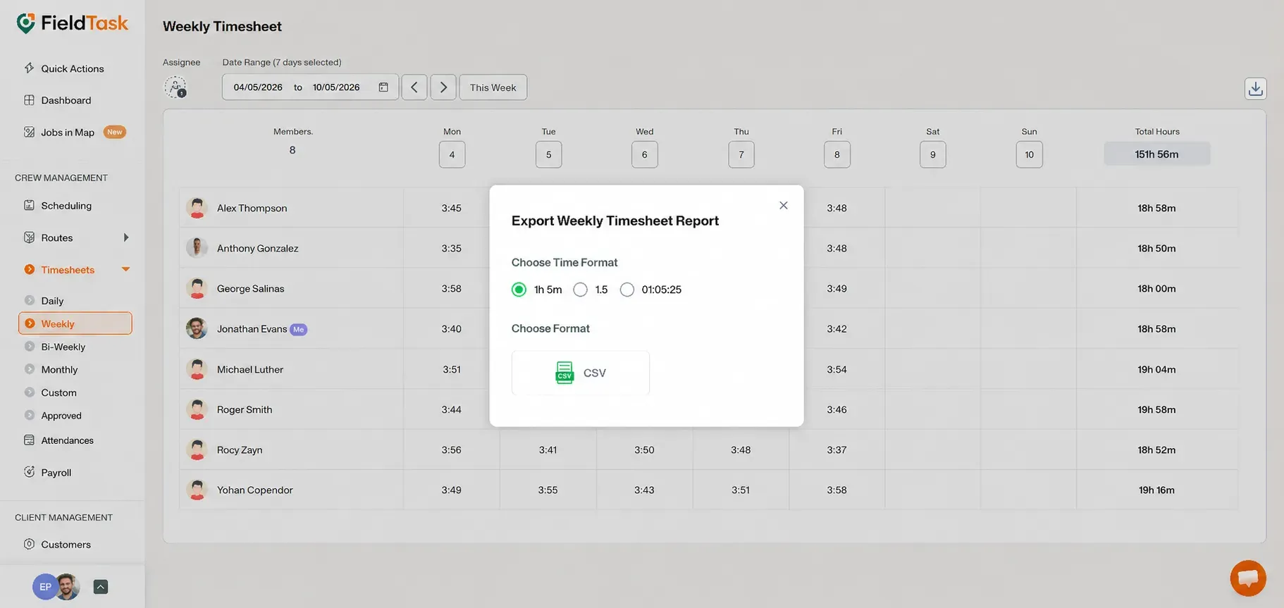 FieldTask weekly timesheet export modal with CSV option