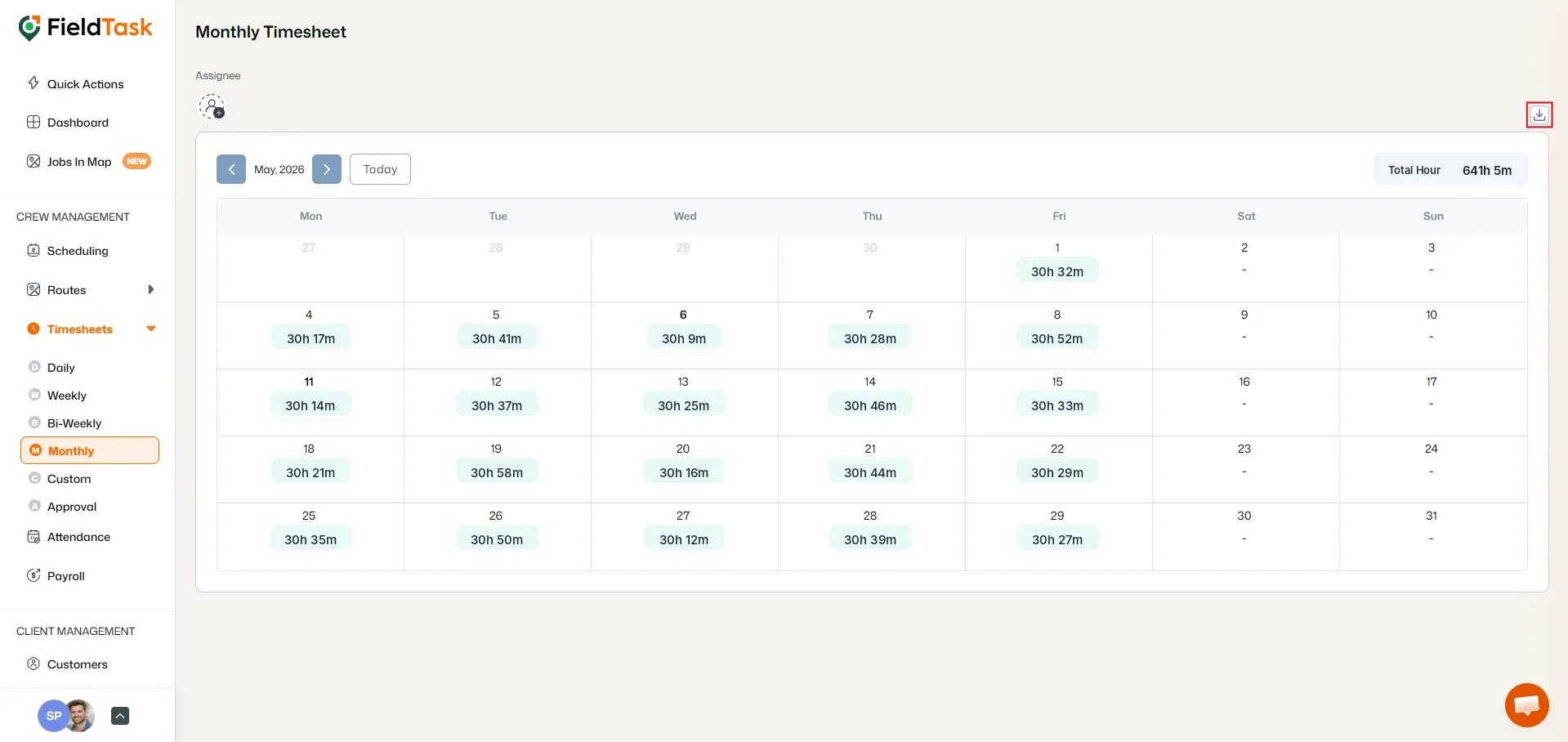 FieldTask monthly timesheet with export icon highlighted