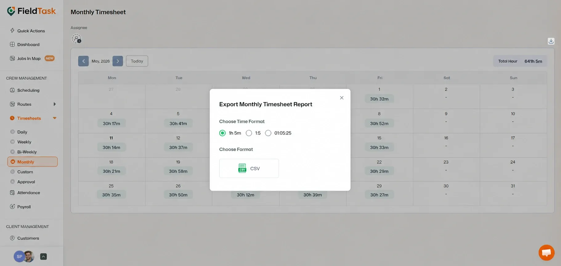 FieldTask monthly timesheet export modal with CSV option