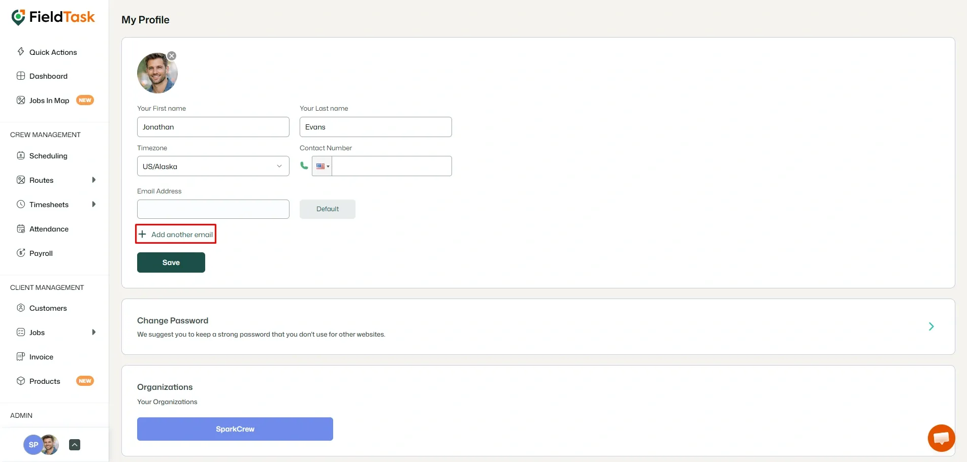 FieldTask profile page with Add another email highlighted