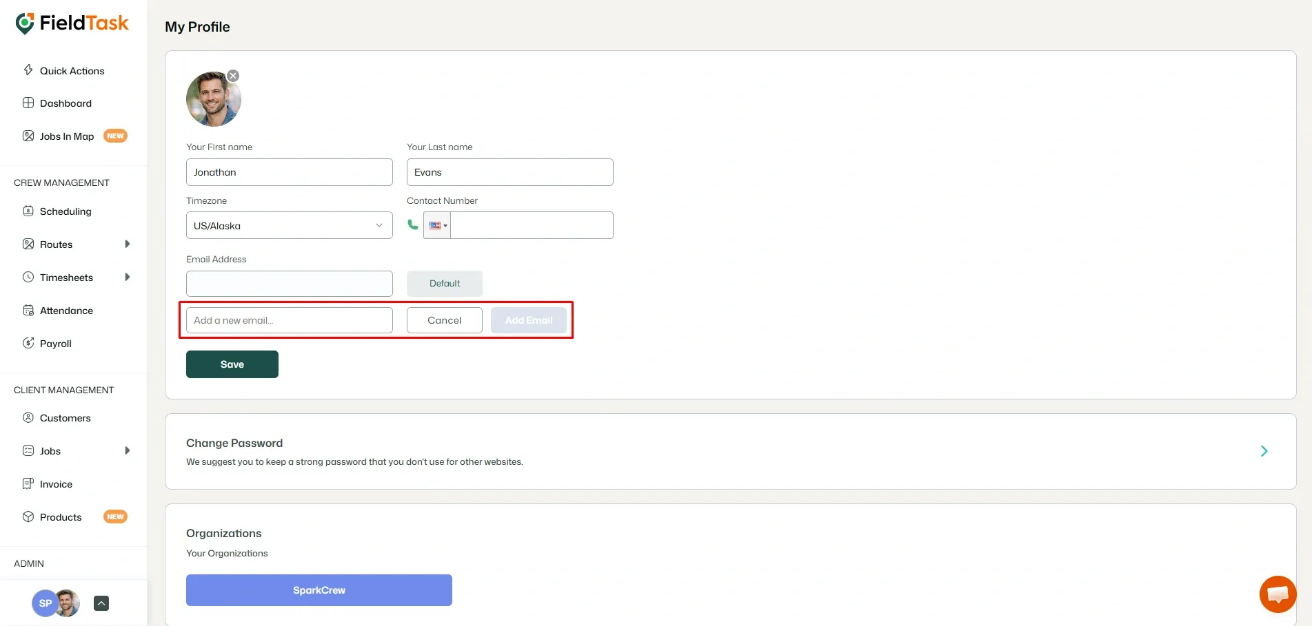 FieldTask profile page with new email field highlighted