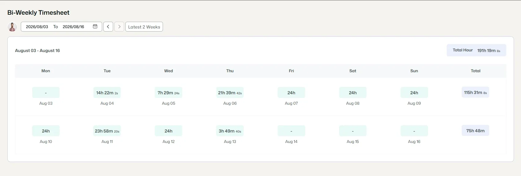 Weekly timesheet showing employee hours for Aug 10–16.