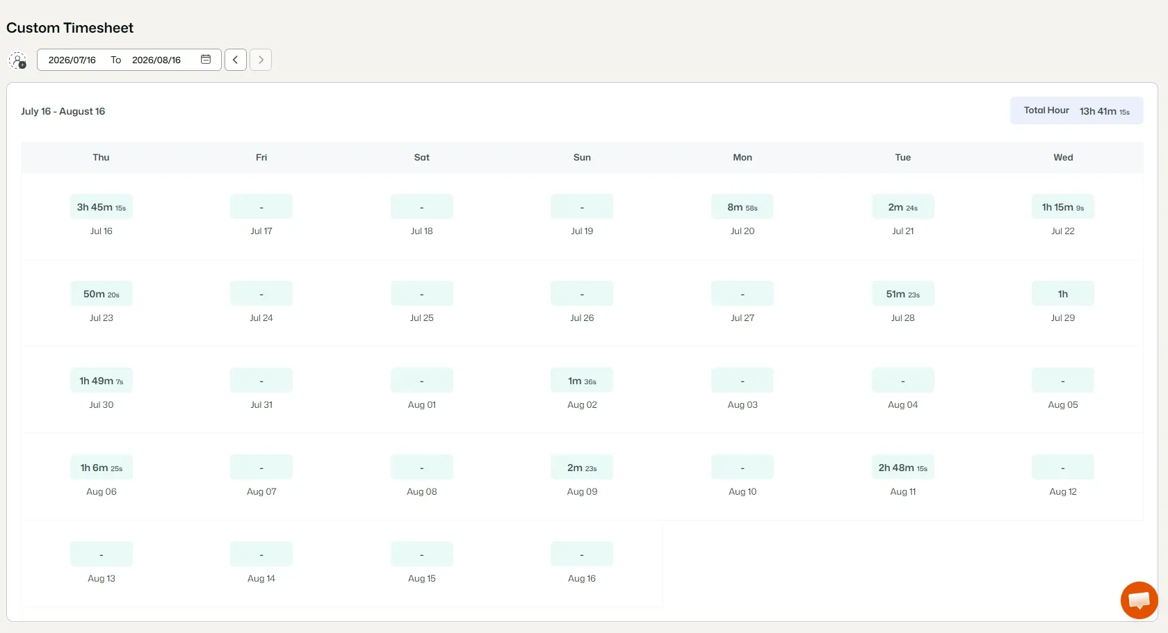Custom timesheet showing logged hours from July 16–August 16.