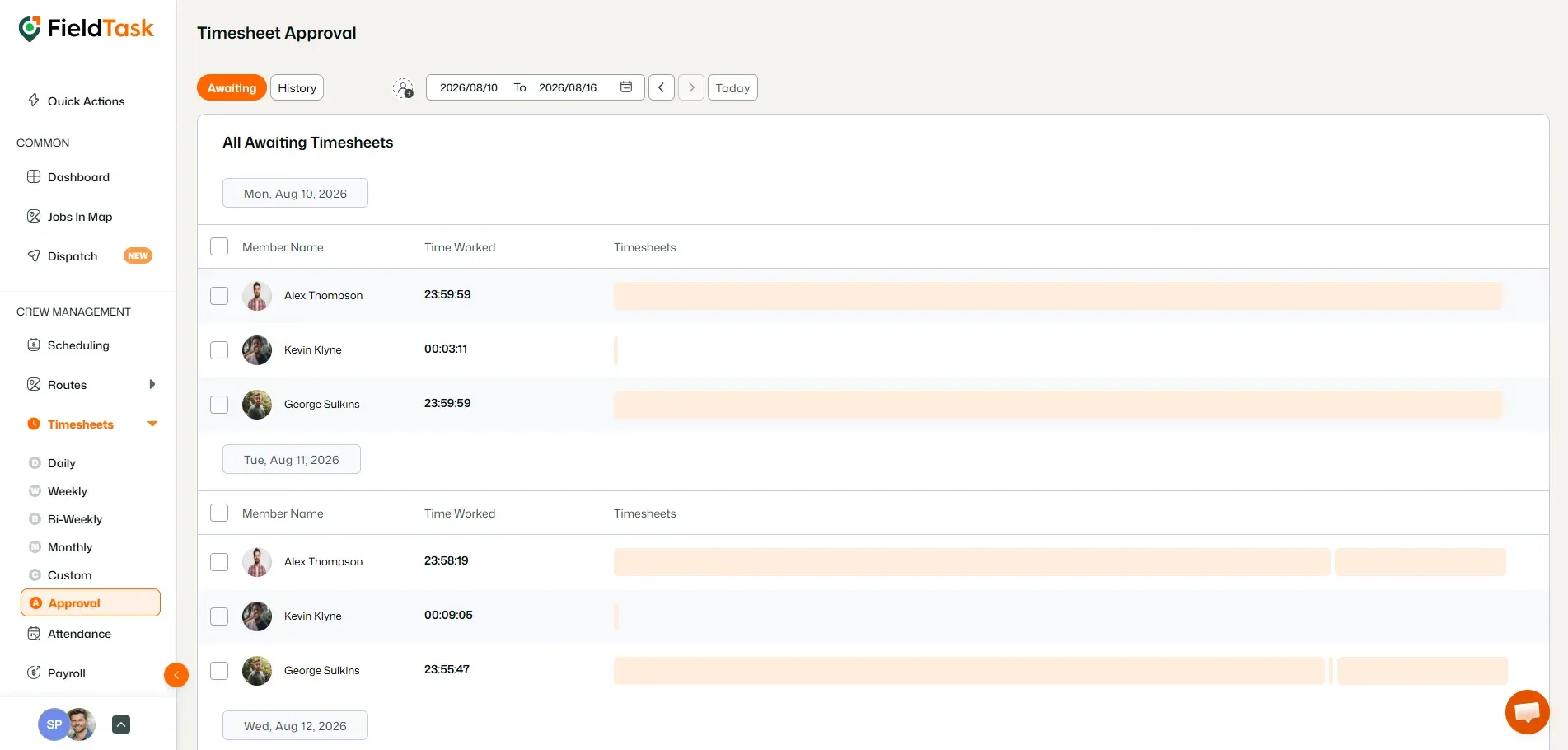 Timesheet approval page showing awaiting employee work hours.