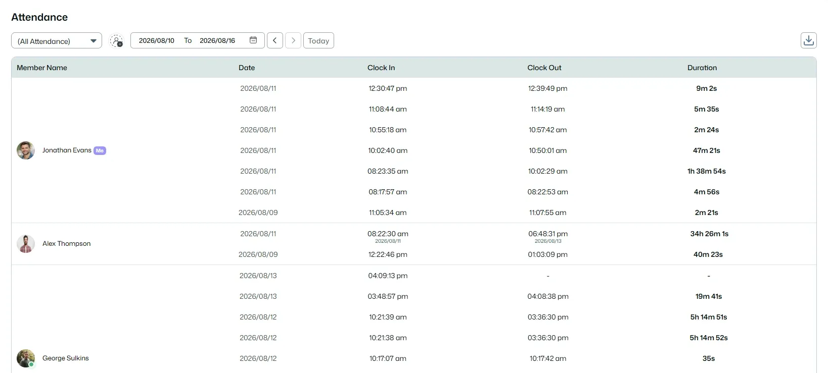 Attendance records showing employee clock-in and clock-out times.