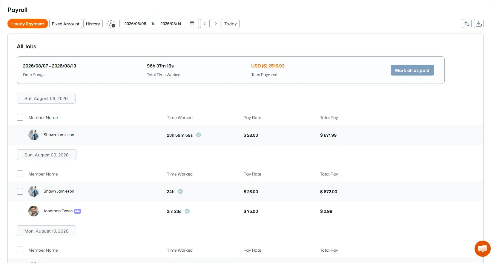 Payroll page showing employee hours, pay rates, and total pay.