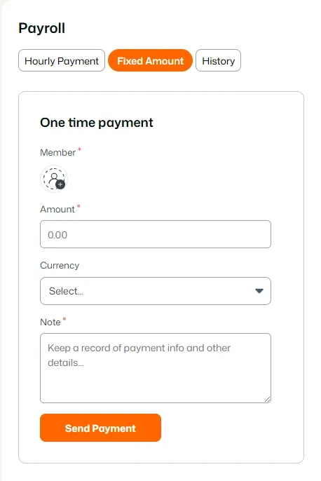 Fixed payment form for entering member, amount, currency, and note.