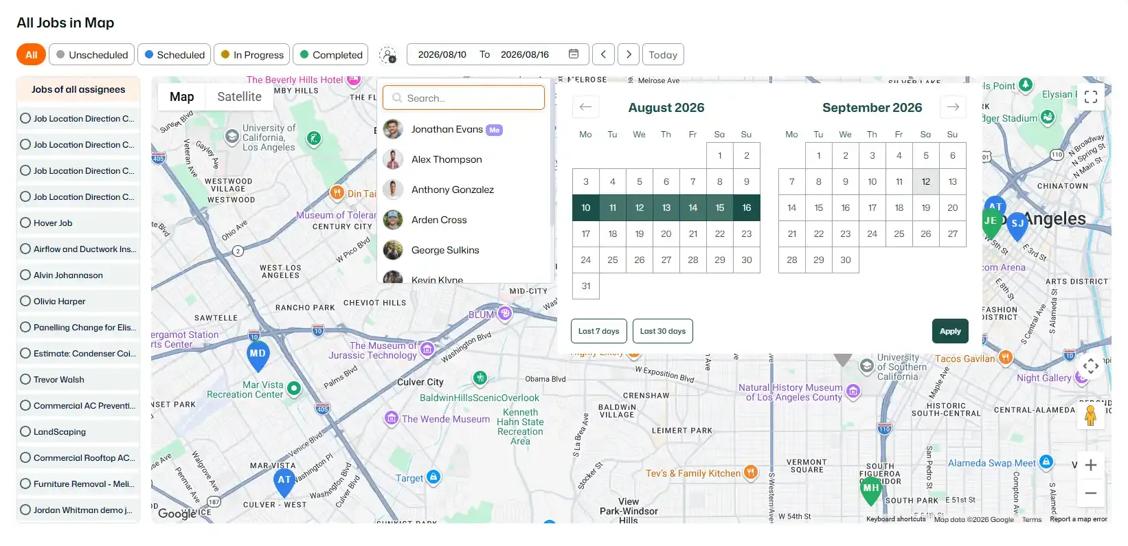 FieldTask “All Jobs in Map” view showing job status filters, assignee selection, and a Los Angeles map with multiple job markers. A date range picker is open for August 10–16, 2026, alongside an assignee dropdown and quick options for the last 7 or 30 days.