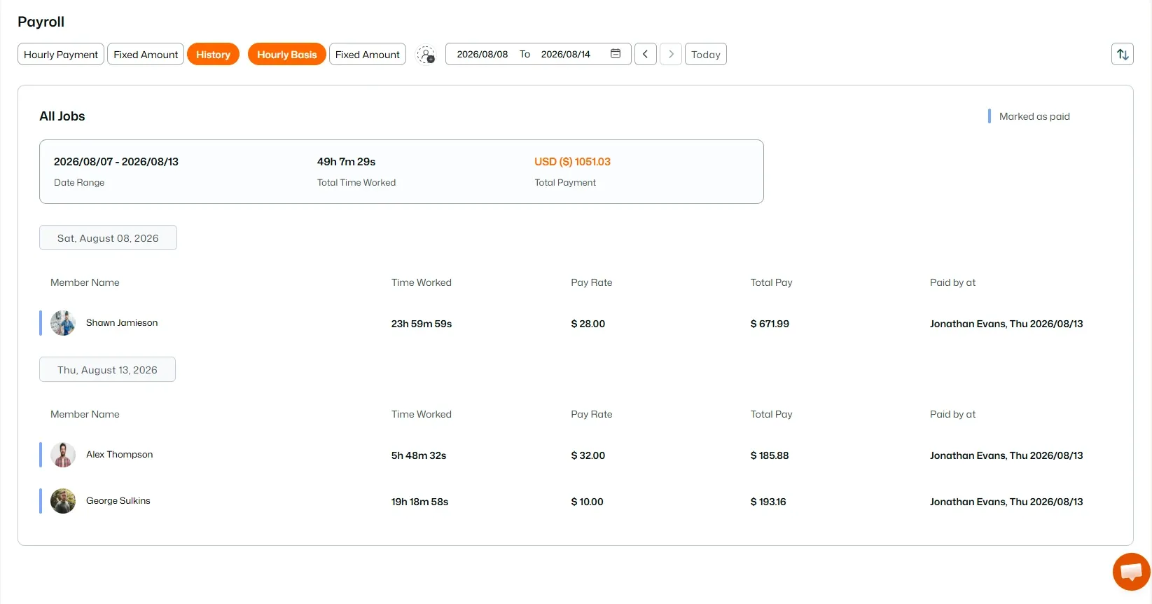 Payroll history showing employee hours, pay rates, and paid totals.