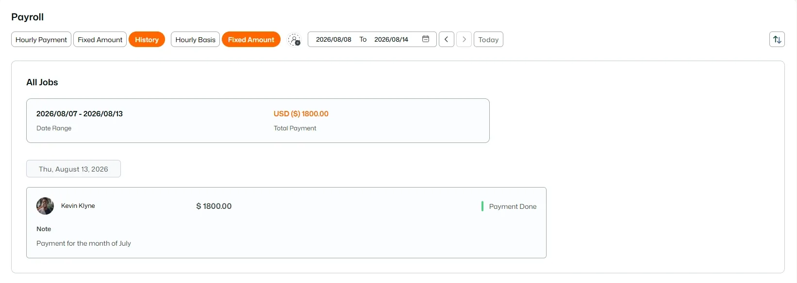 Fixed payment history showing completed employee payment details.