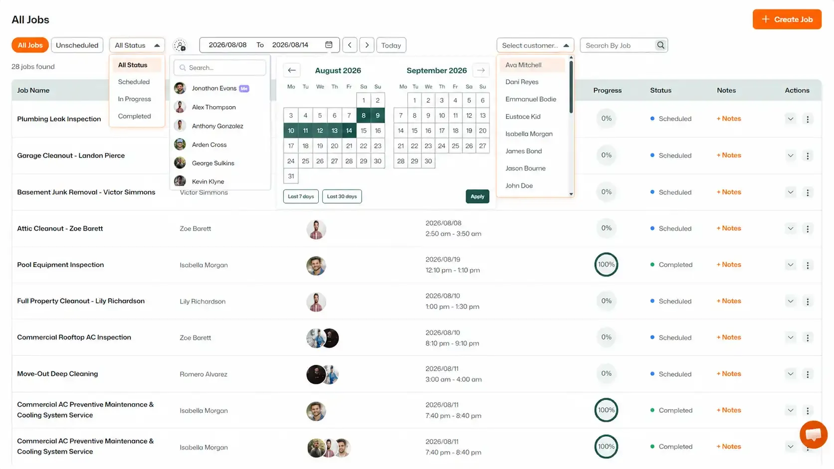 All Jobs page with status, assignee, date, and customer filters.