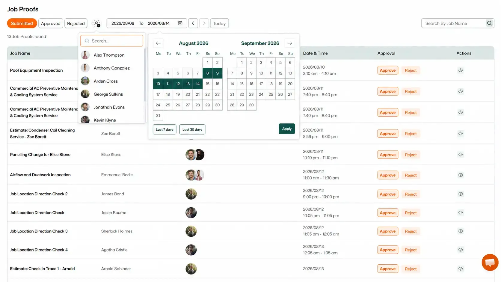 Job Proofs page with assignee, date, and approval filters.