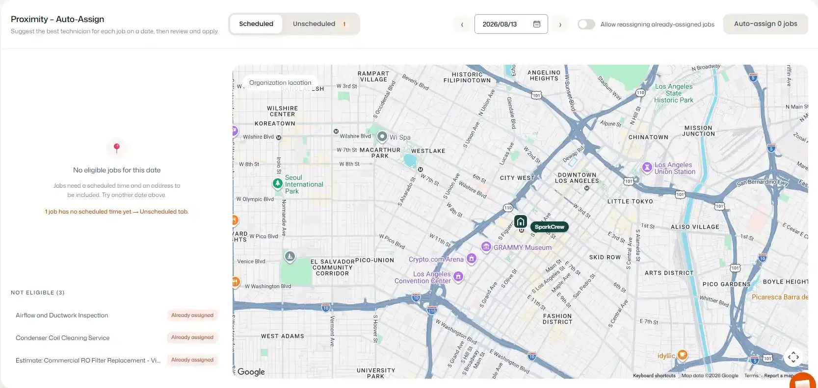 Proximity Auto-Assign screen showing scheduled job eligibility map.