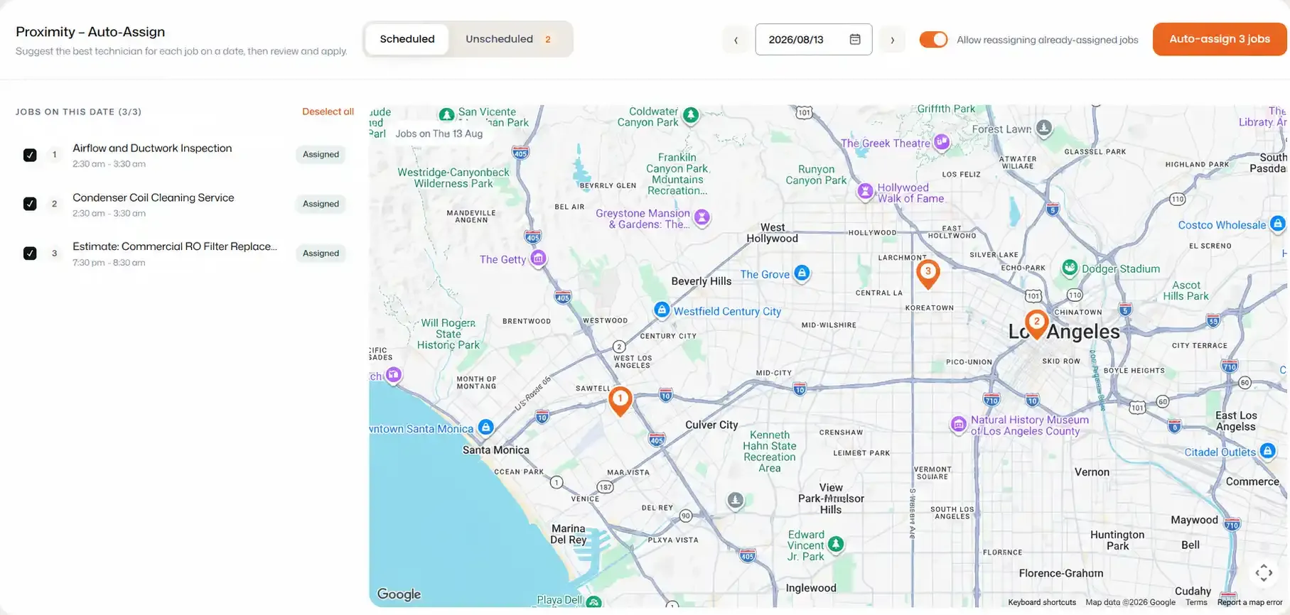 Proximity Auto-Assign showing three assigned jobs on the map.