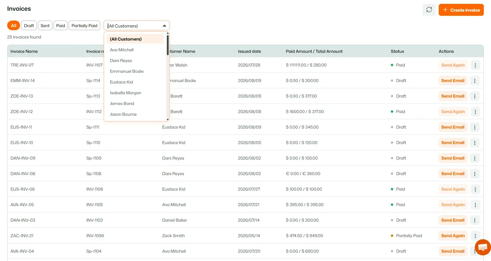 Invoices page with status and customer filtering options.