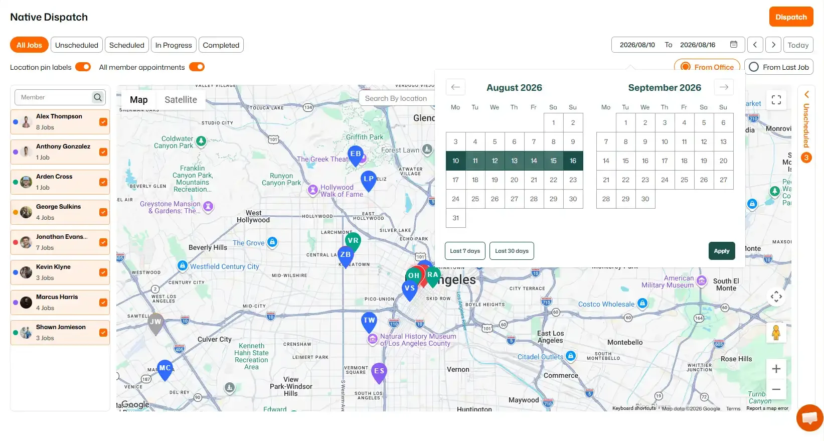 FieldTask Native Dispatch screen showing field team members and job counts beside a Los Angeles map with color-coded location pins. A date range picker is open for August 10–16, 2026, with job status filters, route options, and quick selections for the last 7 or 30 days.