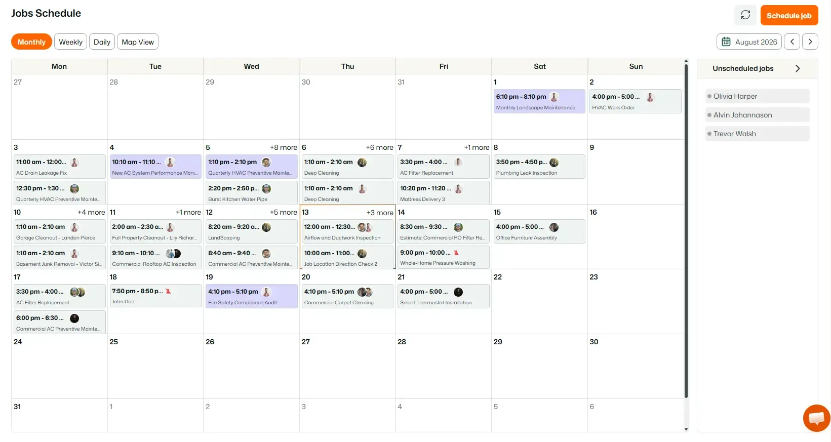 FieldTask Jobs Schedule in monthly calendar view for August 2026, displaying scheduled jobs by date, time, assignee, and job title. Users can switch between monthly, weekly, daily, or map views, navigate months, schedule jobs, and view unscheduled jobs in the side panel.