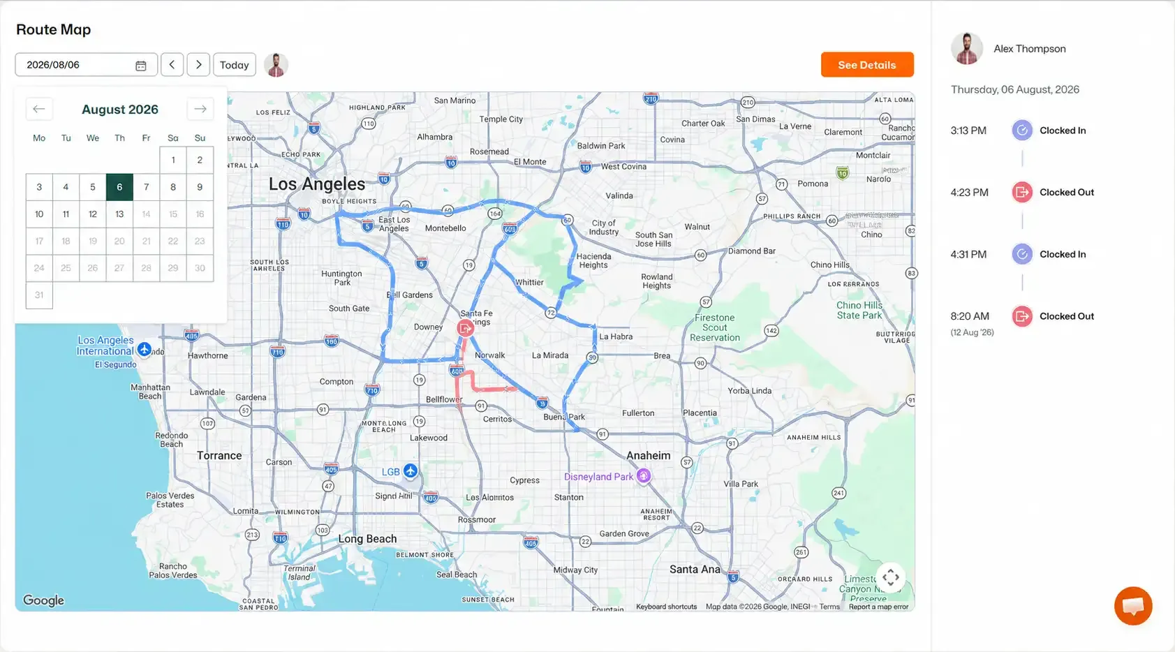 FieldTask Route Map showing an employee’s travel route across the Los Angeles area for August 6, 2026. A calendar date picker is open, while the activity panel lists Alex Thompson’s clock-in and clock-out times, with route lines and location markers displayed on the map.