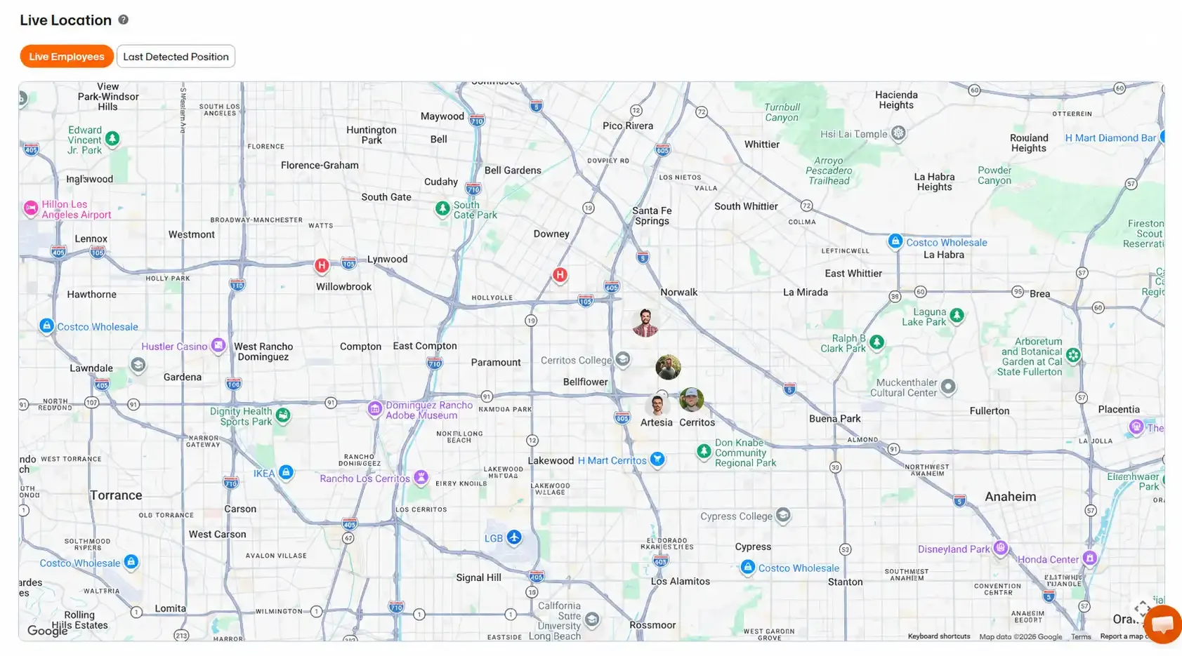 FieldTask Live Location screen displaying active employees across a map of the Los Angeles area, with profile markers showing their current positions near Cerritos, Artesia, and Norwalk. Users can switch between Live Employees and Last Detected Position views for location tracking.