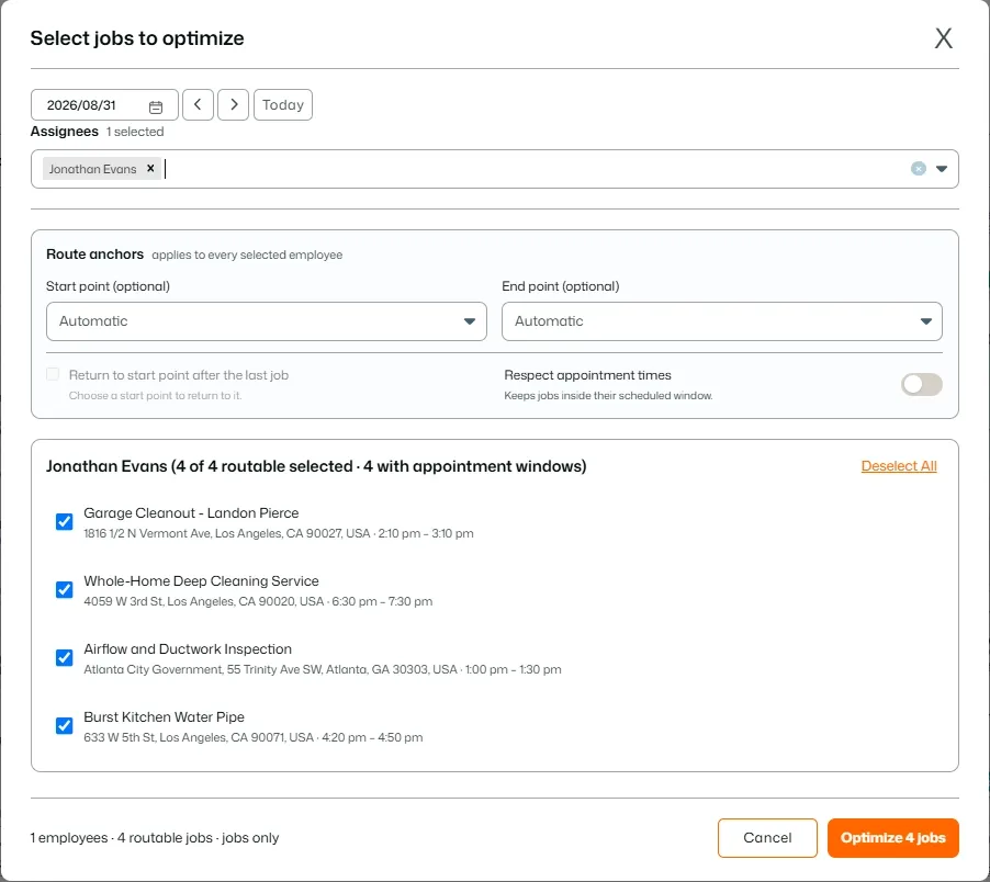 FieldTask Route Optimization setup window for August 31, 2026, showing Jonathan Evans selected with four routable jobs. Users can choose start and end points, respect appointment times, select specific jobs, review addresses and time windows, then optimize all selected jobs.