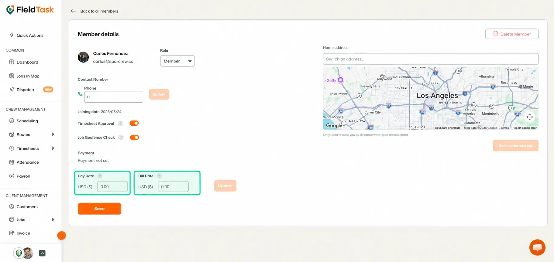 Member details page showing highlighted Pay Rate and Bill Rate fields.