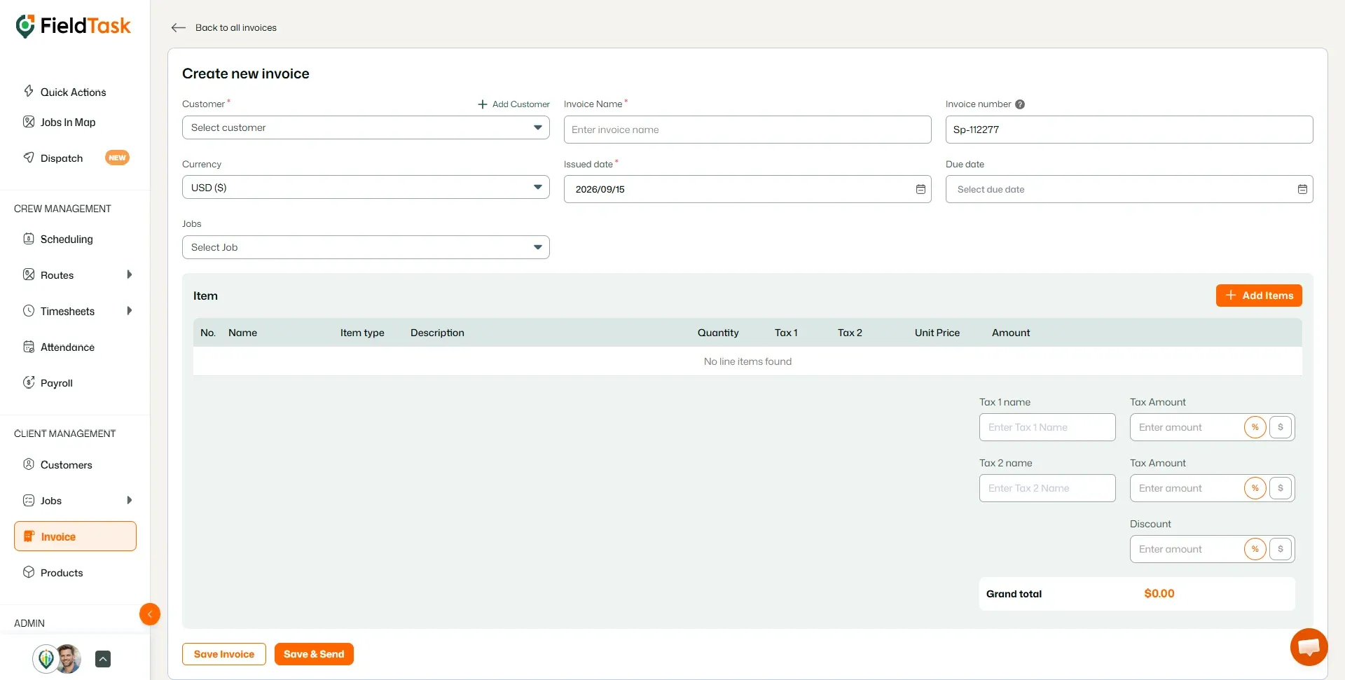 Create new invoice page with customer, invoice, dates, items, taxes, and total fields.